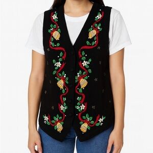 Victoria Jones Woman holiday vest embroidered poinsettias petite S vintage
